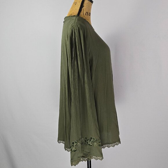 Olive Green Lace Trim Embroidered Blouse Time and Tru L Boho Festival - Picture 4 of 13